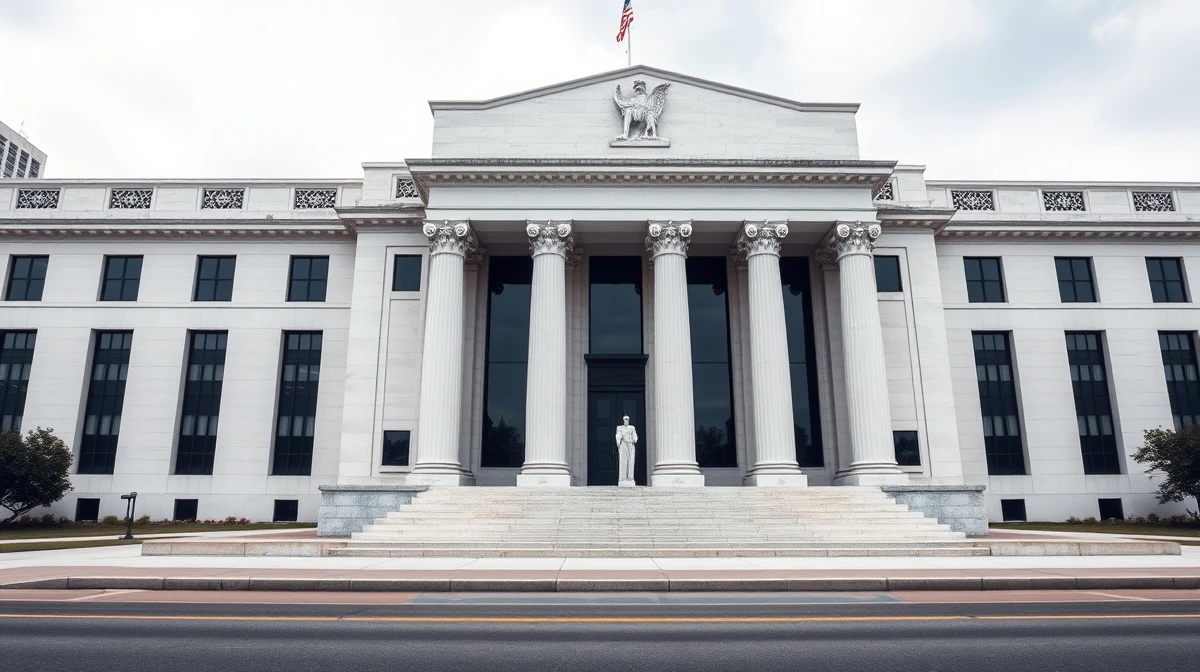 Exterior of the Federal Reserve building in Washington, D.C., under overcast skies.