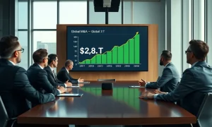 Corporate executives in a boardroom reviewing a graph showing record global M&A activity.