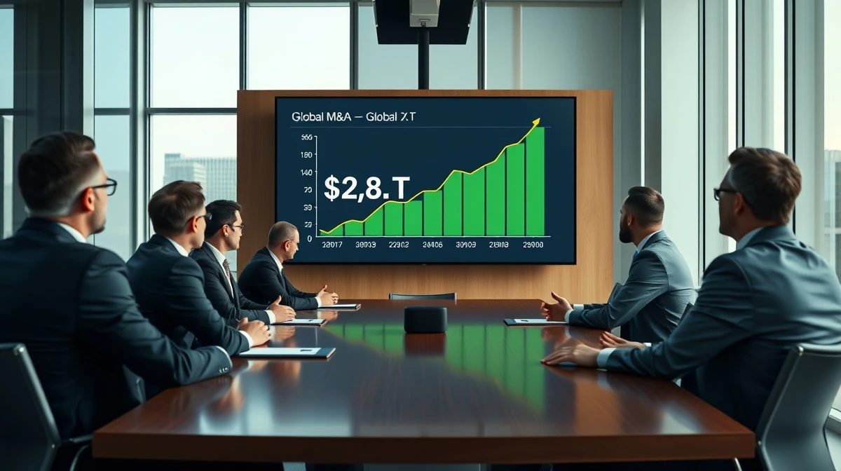 Corporate executives in a boardroom reviewing a graph showing record global M&A activity.