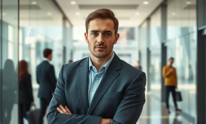 Professional man in London office lobby representing a former Goldman Sachs executive
