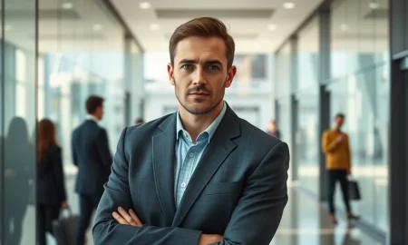 Professional man in London office lobby representing a former Goldman Sachs executive