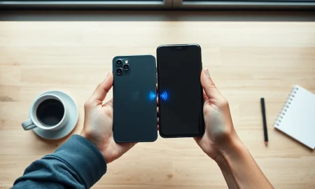 Person holding iPhone and Google Pixel 10 with wireless data transfer animation between them on a desk