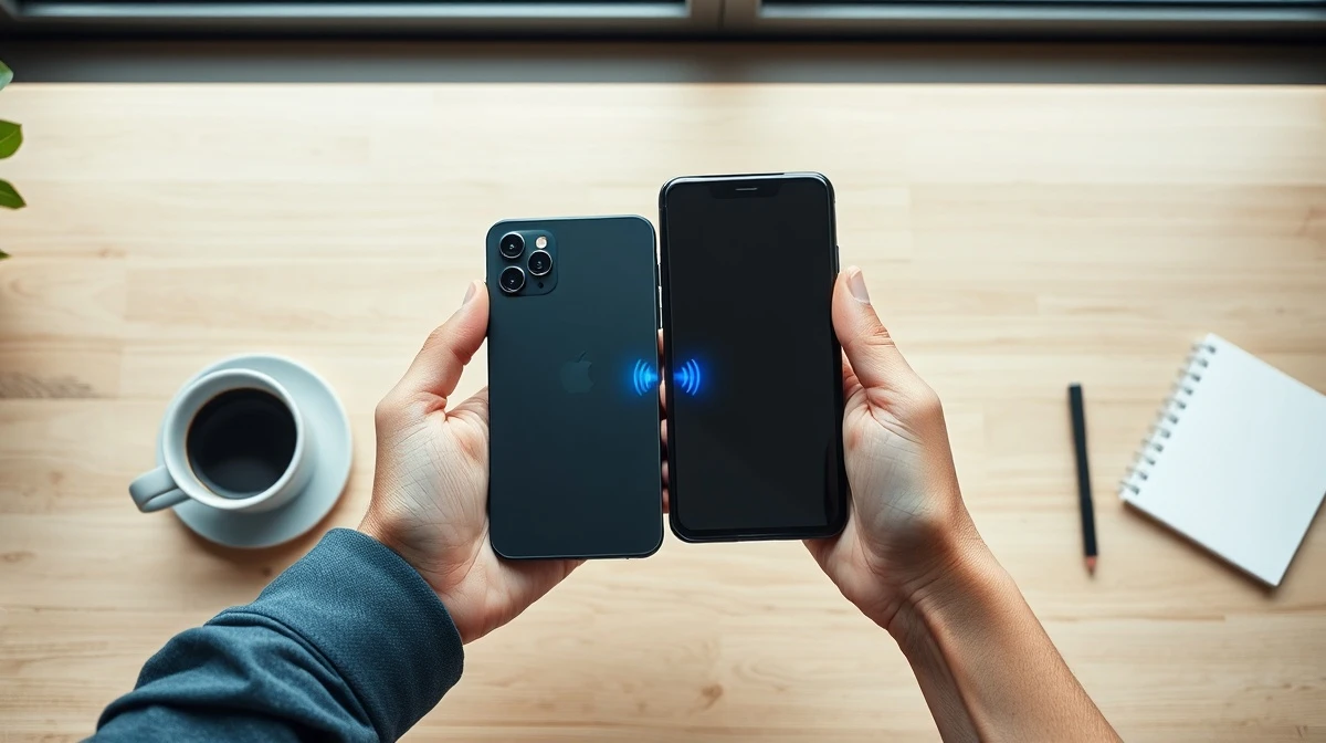 Person holding iPhone and Google Pixel 10 with wireless data transfer animation between them on a desk