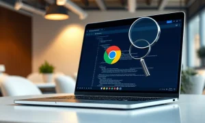 Chrome browser on laptop with magnifying glass over code, representing AI-driven bug detection.