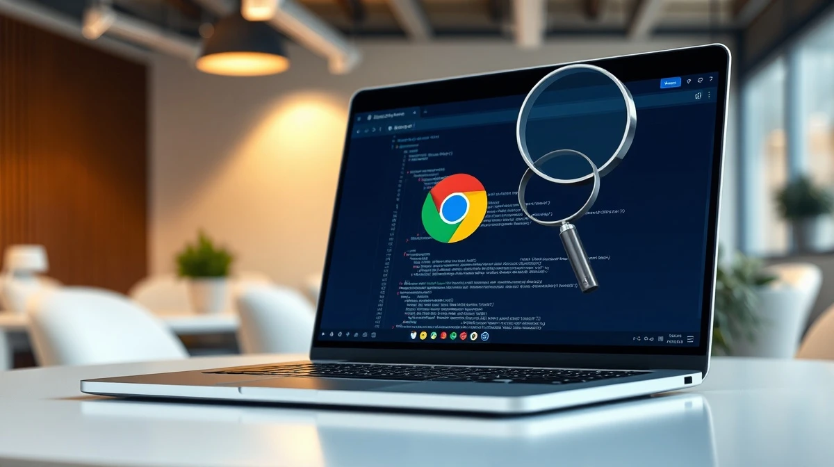Chrome browser on laptop with magnifying glass over code, representing AI-driven bug detection.