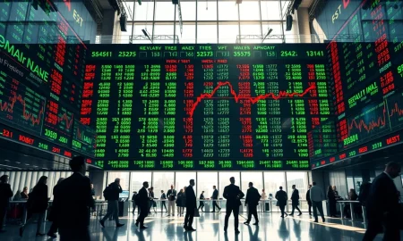 Stock market display board showing green and red numbers in a financial district