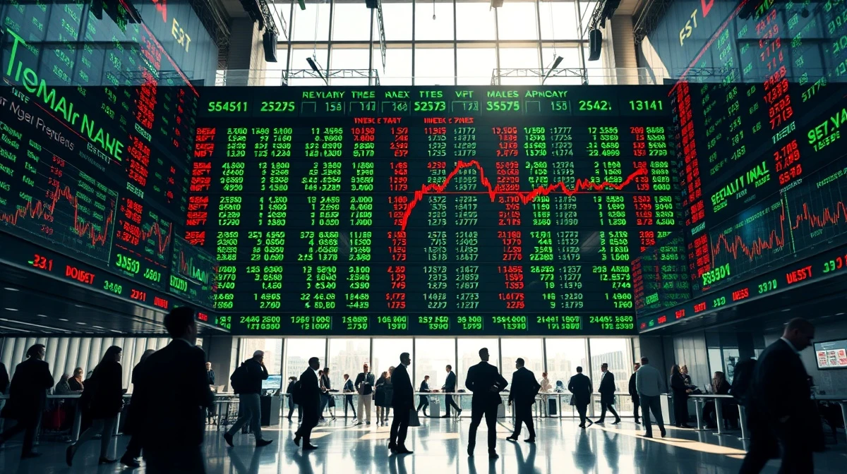 Stock market display board showing green and red numbers in a financial district