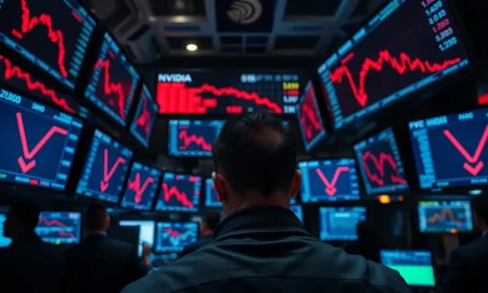 Wall Street trading floor with red declining AI stock charts on monitors