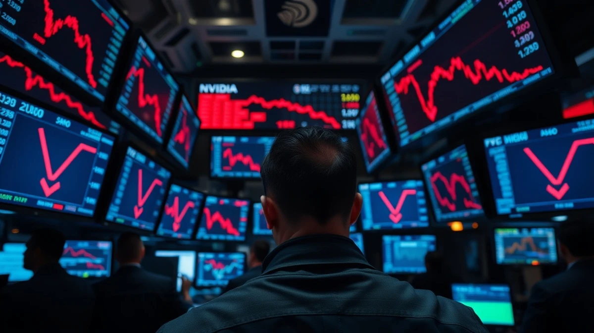 Wall Street trading floor with red declining AI stock charts on monitors