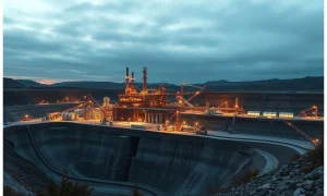 Industrial critical minerals processing plant at dusk, representing mining sector facing short selling pressure