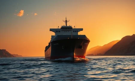 A large cargo ship sails through the Bab el-Mandeb strait near the coast of Yemen.