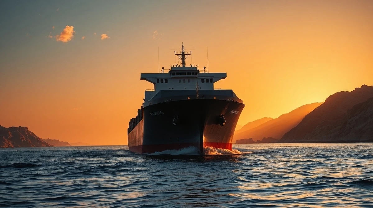 A large cargo ship sails through the Bab el-Mandeb strait near the coast of Yemen.