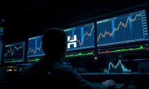 Trading monitors showing cryptocurrency charts with an upward trend, representing Hyperliquid's HYPE token price movement.
