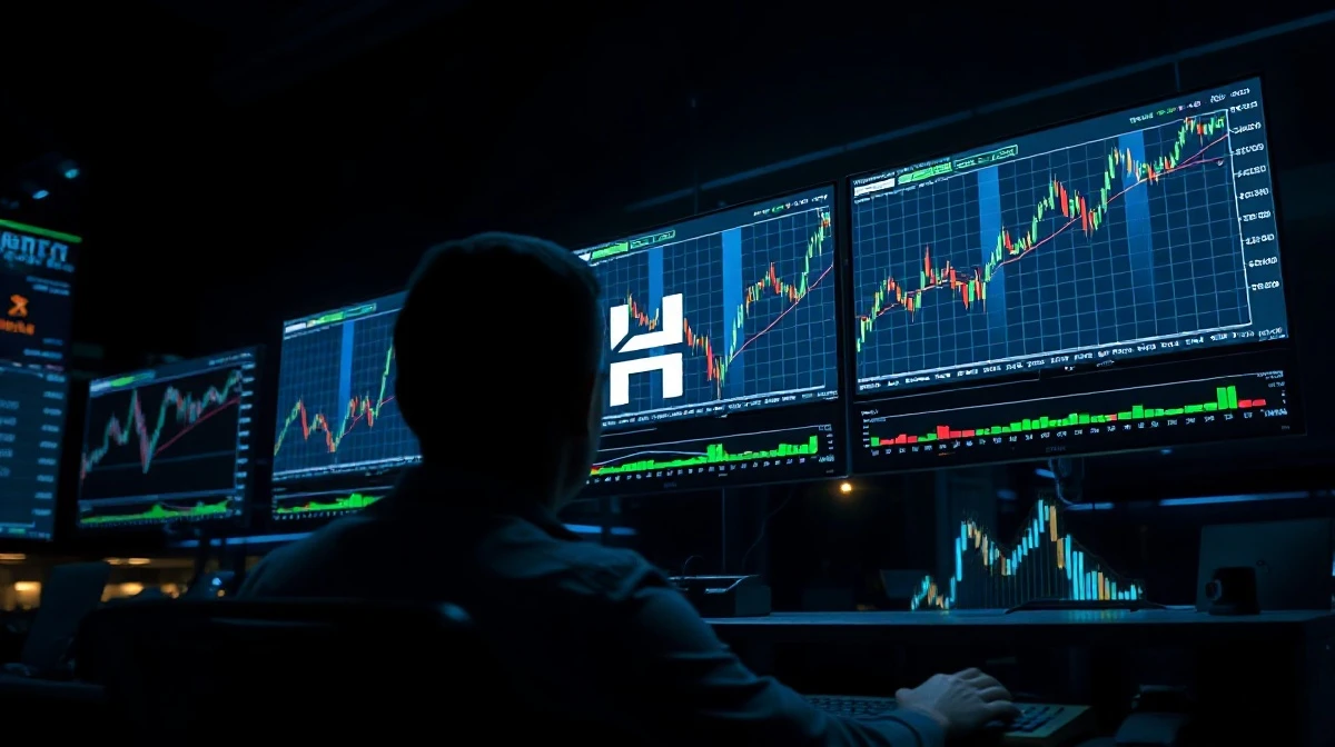 Trading monitors showing cryptocurrency charts with an upward trend, representing Hyperliquid's HYPE token price movement.