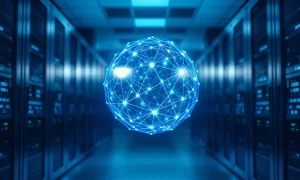 Digital sphere representing cross-chain connectivity in a modern server room, illustrating Injective's interoperability upgrade.