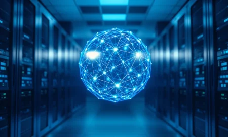 Digital sphere representing cross-chain connectivity in a modern server room, illustrating Injective's interoperability upgrade.