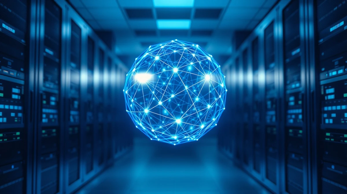 Digital sphere representing cross-chain connectivity in a modern server room, illustrating Injective's interoperability upgrade.