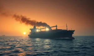 Damaged cargo ship in the Red Sea after an attack, with smoke rising at sunset.