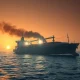 Damaged cargo ship in the Red Sea after an attack, with smoke rising at sunset.