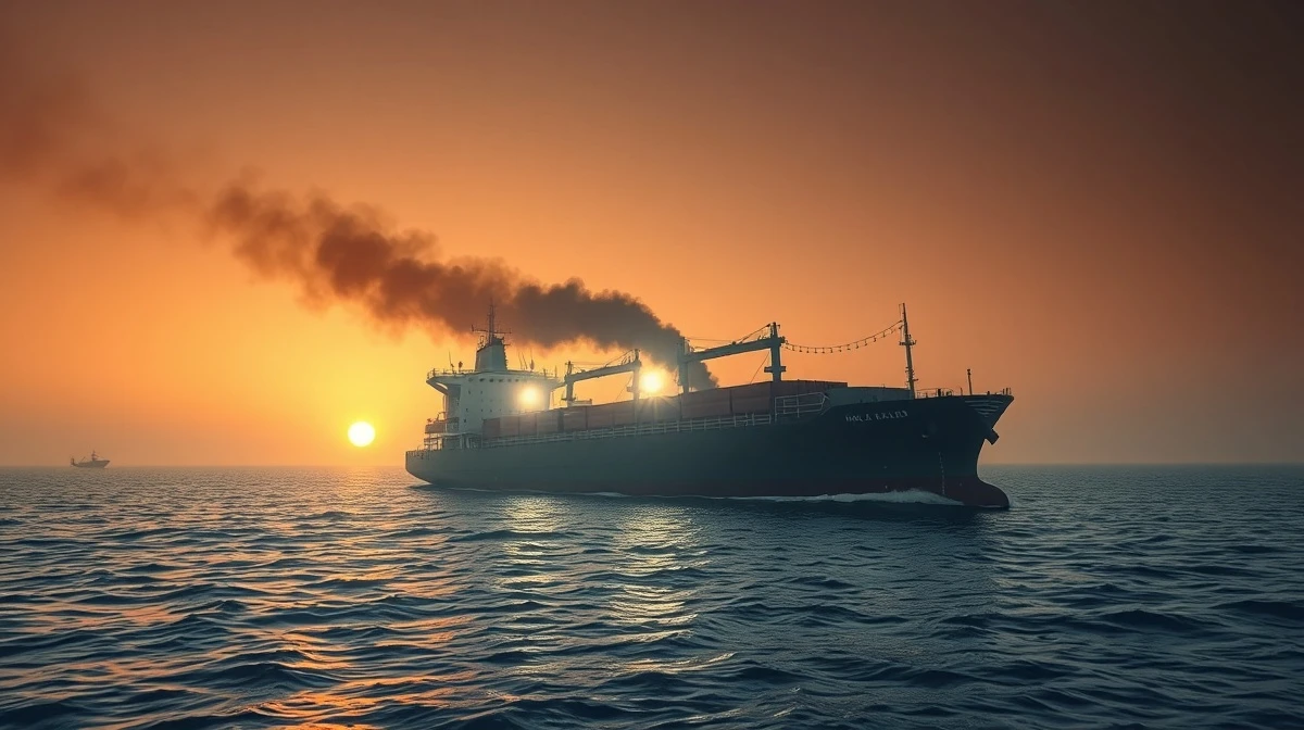 Damaged cargo ship in the Red Sea after an attack, with smoke rising at sunset.