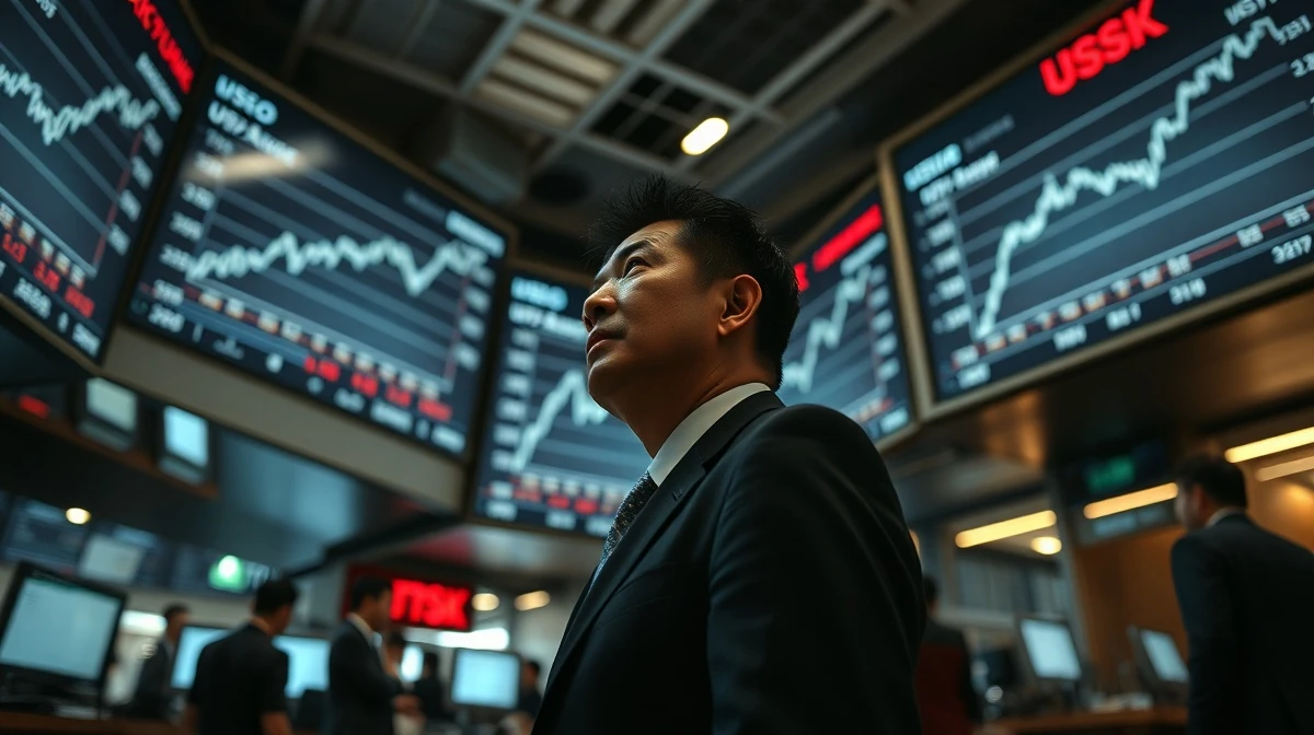 Bank of Japan official monitoring USD/JPY exchange rate screens on a Tokyo trading floor