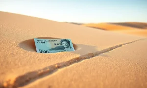 Japanese yen banknote partially buried in sand with a faint line drawn in the sand nearby