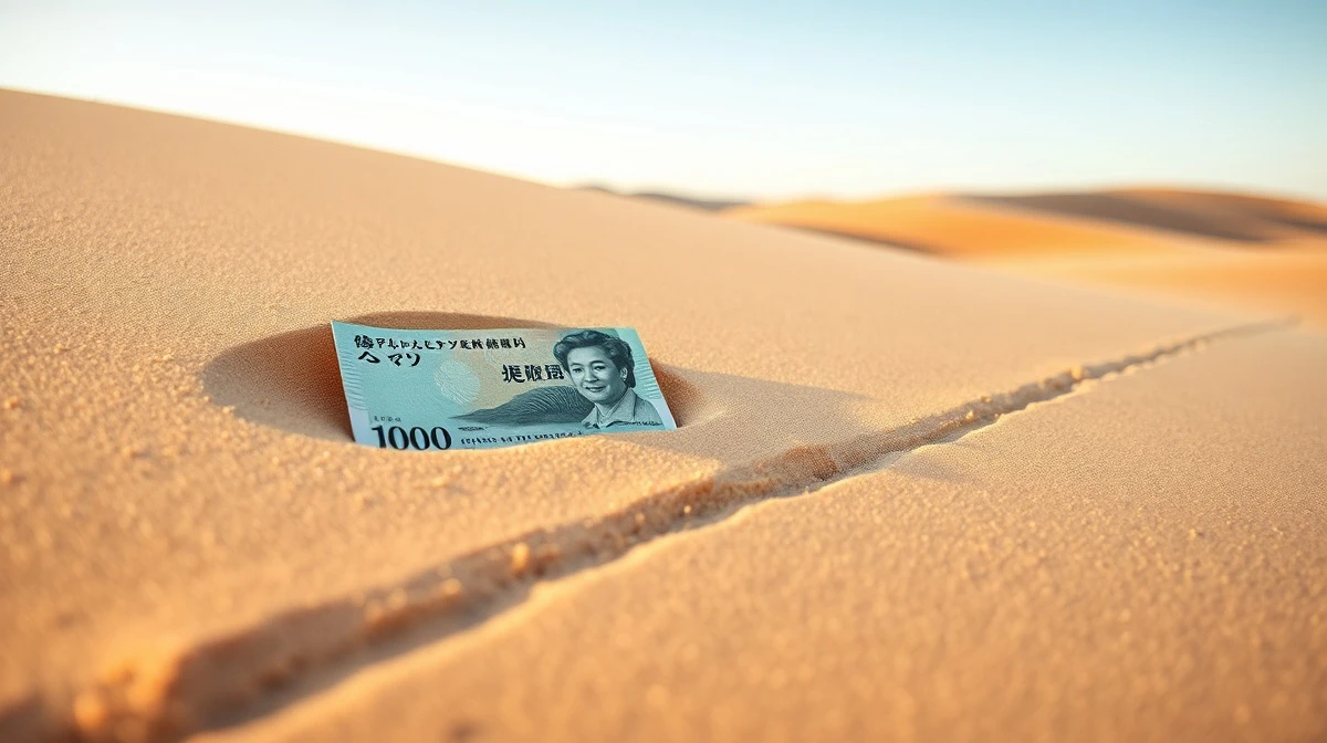 Japanese yen banknote partially buried in sand with a faint line drawn in the sand nearby