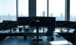 Quiet Tokyo forex trading desk with USD/JPY charts on monitors during US Independence Day holiday
