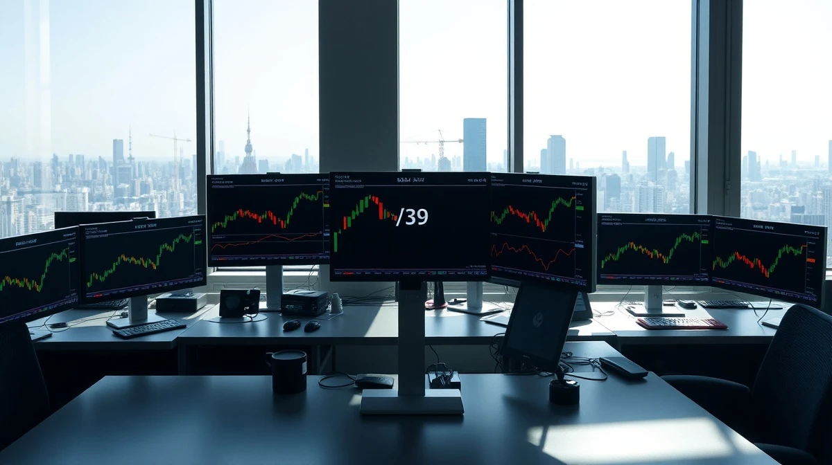 Quiet Tokyo forex trading desk with USD/JPY charts on monitors during US Independence Day holiday