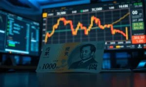 Japanese yen banknote with USD/JPY forex chart in background showing a sharp decline