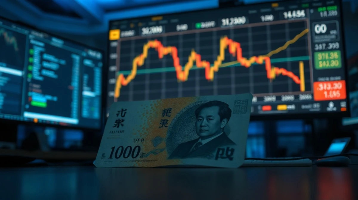 Japanese yen banknote with USD/JPY forex chart in background showing a sharp decline