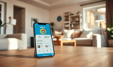 Smartphone showing Hint home management app on a coffee table in a modern living room