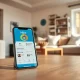 Smartphone showing Hint home management app on a coffee table in a modern living room