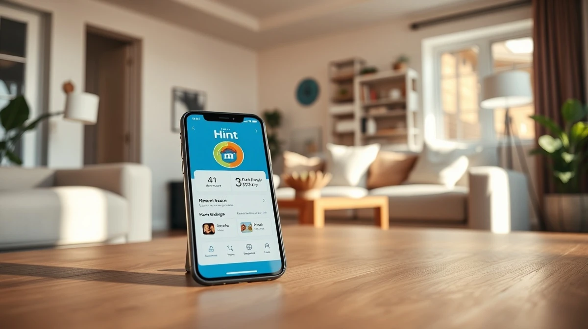 Smartphone showing Hint home management app on a coffee table in a modern living room