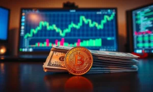 Mexican peso coin and US dollar bills on a desk with a trading chart on a monitor in the background