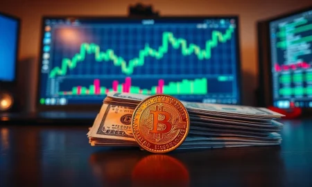 Mexican peso coin and US dollar bills on a desk with a trading chart on a monitor in the background