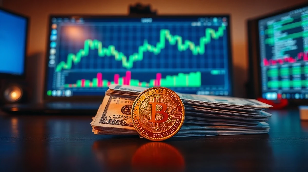 Mexican peso coin and US dollar bills on a desk with a trading chart on a monitor in the background