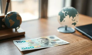Mexican peso banknote on desk with North America model in background