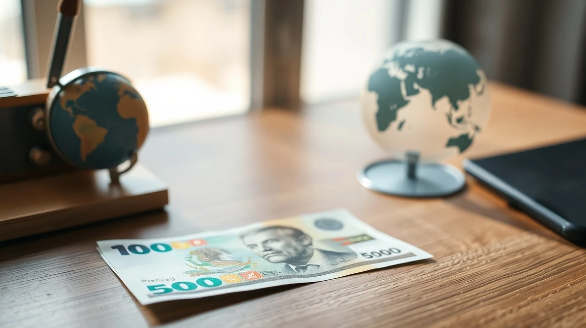 Mexican peso banknote on desk with North America model in background