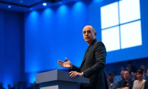 Satya Nadella speaking at a Microsoft press conference about AI strategy