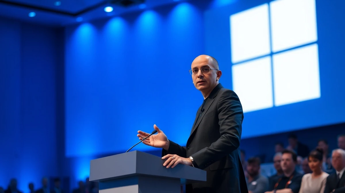 Satya Nadella speaking at a Microsoft press conference about AI strategy