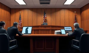 Courtroom scene with legal teams representing Midjourney and Hollywood studios in an AI copyright lawsuit
