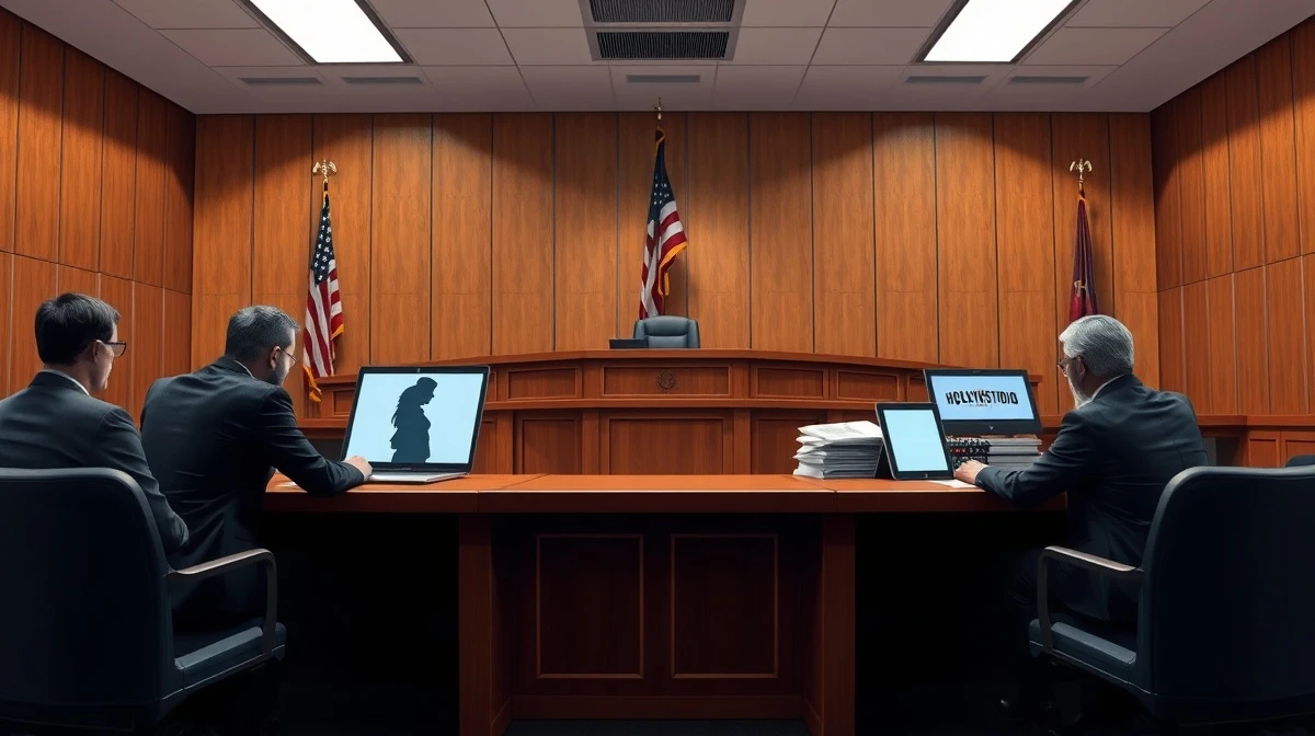 Courtroom scene with legal teams representing Midjourney and Hollywood studios in an AI copyright lawsuit