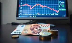 Indonesian rupiah banknotes and coins with forex chart showing downward trend