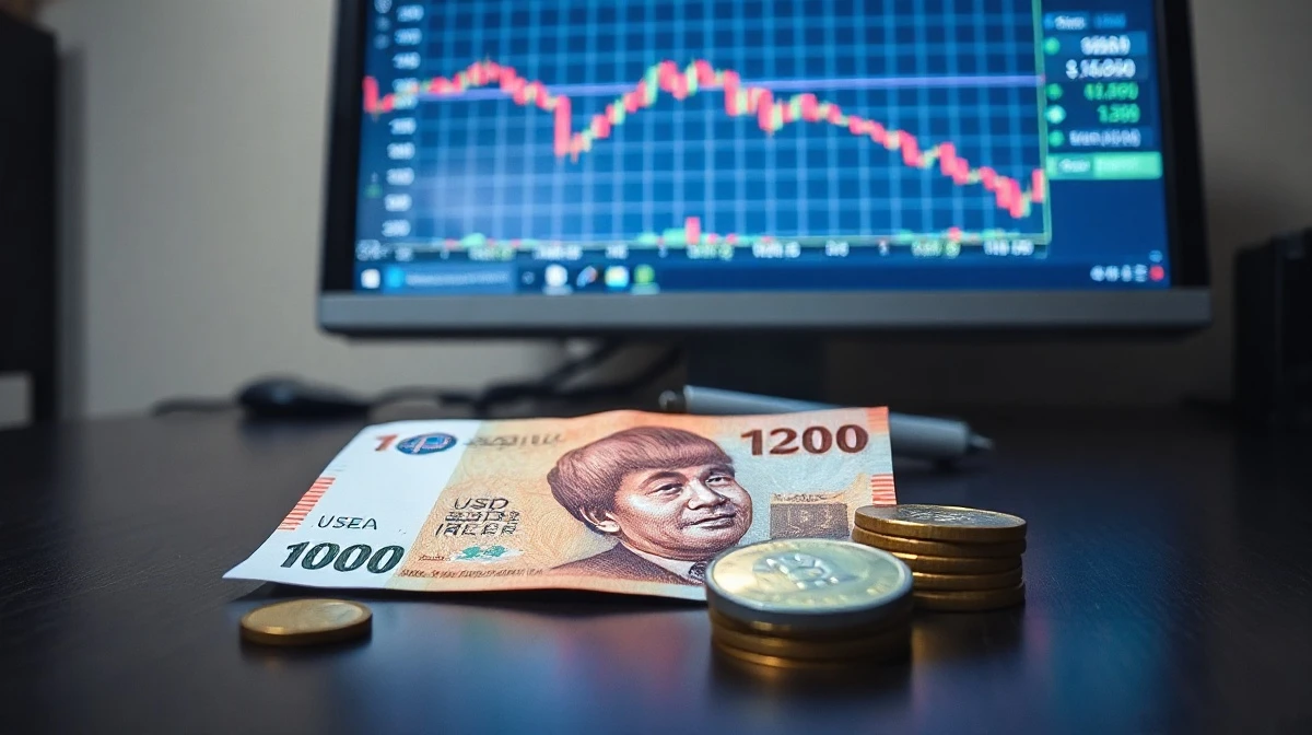 Indonesian rupiah banknotes and coins with forex chart showing downward trend