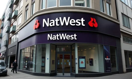 Exterior of a NatWest bank branch in London's financial district on a cloudy day