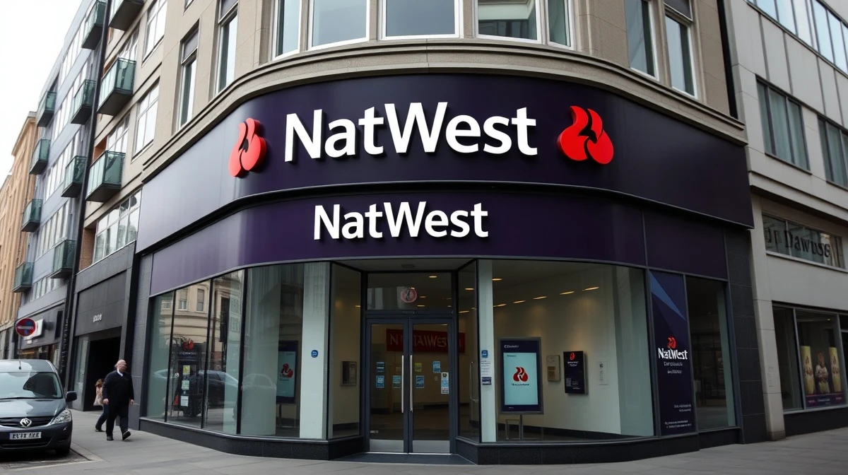 Exterior of a NatWest bank branch in London's financial district on a cloudy day
