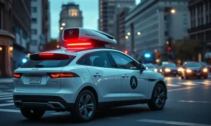 Waymo robotaxi in San Francisco street with emergency lights reflecting at dusk