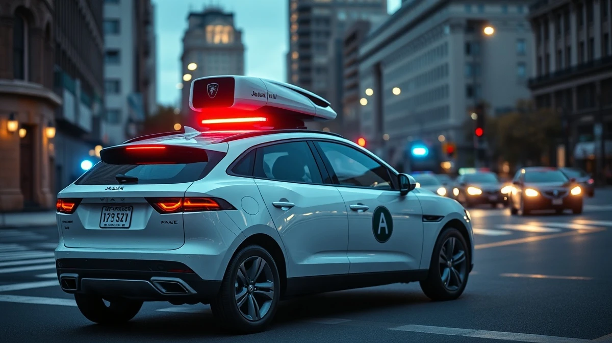 Waymo robotaxi in San Francisco street with emergency lights reflecting at dusk