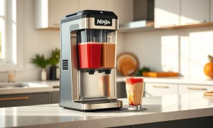 Ninja Slushi Twist frozen drink machine on a kitchen counter with two filled vessels